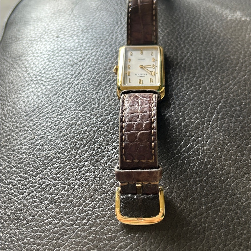 Gold-Tone Rectangular Shinola Watch with Brown Croc Leather Strap - Picture 6 of 6